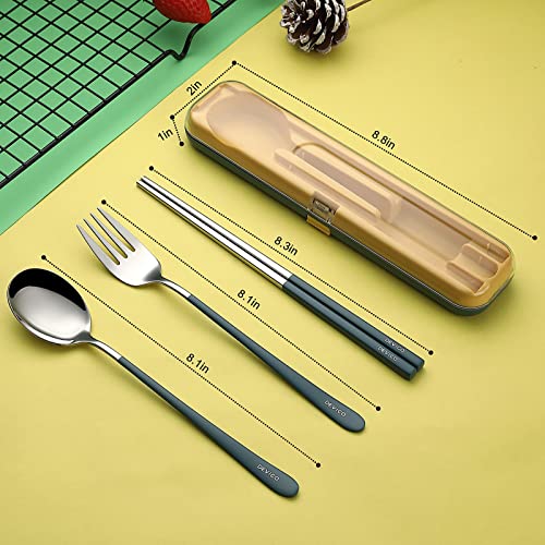 DEVICO Portable Utensils, Travel Reusable Silverware Flatware Set for Lunch, 18/8 Stainless Steel 4-Piece Camping Cutlery Include Fork Spoon Chopsticks with Case (Blue) - color: Blue