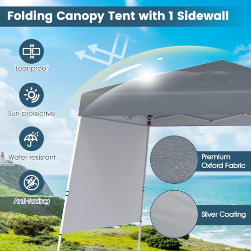 Tangkula 10x10 FT Pop Up Canopy with Sidewall, UPF 50+ Easy Setup Outdoor Tent with Backpack, 4 Stakes, Portable Heavy-Duty Canopy Tent for Party Events Camping Picnic, 10x10 Base, 8x8 Top - color: Gray, size: 10x10 Ft