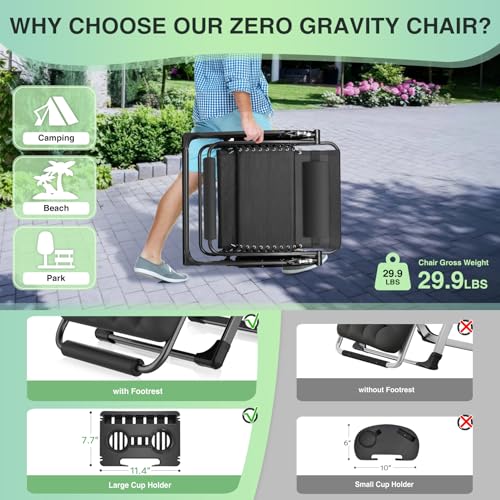 Suteck Oversized Zero Gravity Chair,33In XXL Outdoor Recliner Chair w/Removable Cushion&Headrest, Camping Lounge Chair w/Upgraded Lock&Footrest, Reclining Patio Chairs for Indoor Outdoor,500LBS - color: Inky, size: Xxl 33 Inch