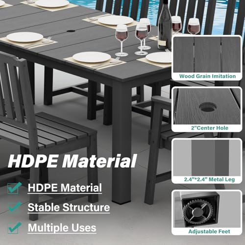 9-Piece Patio Dining Set, Outdoor Dining Set for 8, HDPE All-Weather Outdoor Furniture with 75.20” Umbrella Hole Table, 2 Armchairs & 6 Armless Chairs, Gray - color: Grey, size: 2 Armchairs & 6 Armless Chairs