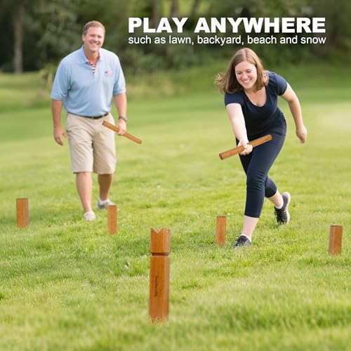 SunNordik Kubb Yard Game Set, Giant Viking Chess Outdoor Tossing Game with Carry Bag, Rubber Wood Backyard Lawn Game for Kids & Beginner - color: Yellow Brown