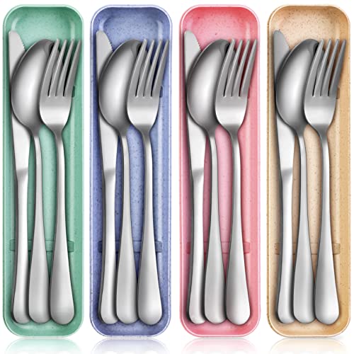 Yinkin 4 Pack Portable Travel Utensils Set with Case Reusable Stainless Steel Silverware Flatware Camping Cutlery Include Fork Spoon Knife for Work School Dishwasher Safe(Blue, Beige, Green, Pink) - color: Blue, Beige, Green, Pink