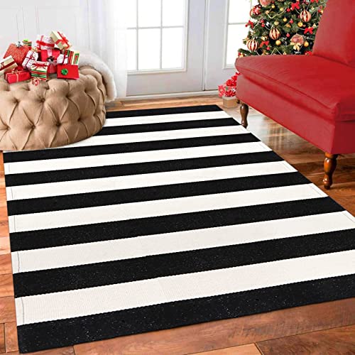 LEEVAN Black and White Outdoor Rug 3X5, Cotton Washable Striped Patio Rugs Hand Woven Front Door Mat, Reversible Entryway Rug Farmhouse Black Floor Carpet for Balcony/Courtyard/Entrance - color: Black and White Stripes, size: 3' x 5' (Rectangular)