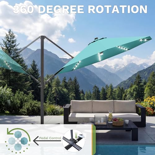 Patiowell 10 FT Patio Umbrella with Solar LED Light, Outdoor Cantilever Umbrella with 360 Degree Rotation, Outside Large Round Sun Umbrella with Frame for Backyard Garden Poolside, Sky Blue - color: Sky Blue with Light, size: 10 FT