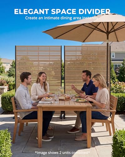 6FT Outdoor Privacy Screen | 37lb Heavy-Duty Metal Fence Panel, Freestanding with Expansion Anchors | Rust-Resistant Powder-Coated, Louvered Faux Wood — Patio, Balcony, Pool, Deck (72" H×47" W) - color: Matte teak color
