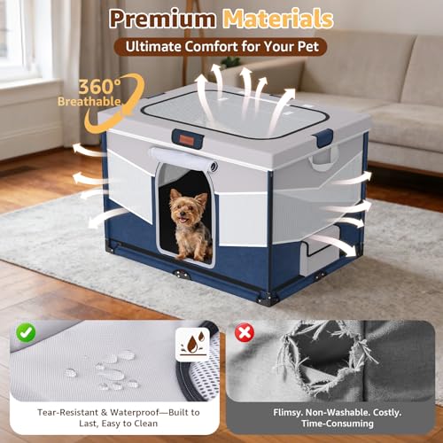 LOOBANI Foldable Dog Playpen for Small Dogs–Sturdy Puppy Playpen Indoor Outdoor with Full-Zip Washable Fabric Enclosure, 690D Waterproof Oxford Fabric, Portable Pet Crate with Carry Bag,32''x24''x22'' - color: Blue-Gray