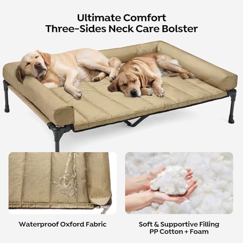 Veehoo Cooling Elevated Dog Bed Add Removable Waterproof Bolster Cushion Mat, Raised Pet Cot with Breathable Teslin Mesh, No-Slip Feet, Dog Couch Bed for Indoor Outdoor, 59x37.5inches, Beige, CWC2331B - color: Beige Coffee, size: 59.0"l X 37.5"w X 9.0"th