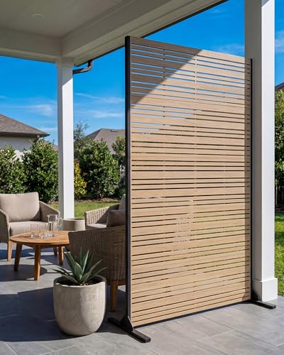 6FT Outdoor Privacy Screen | 37lb Heavy-Duty Metal Fence Panel, Freestanding with Expansion Anchors | Rust-Resistant Powder-Coated, Louvered Faux Wood — Patio, Balcony, Pool, Deck (72" H×47" W) - color: Matte teak color