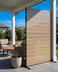 6FT Outdoor Privacy Screen | 37lb Heavy-Duty Metal Fence Panel, Freestanding with Expansion Anchors | Rust-Resistant Powder-Coated, Louvered Faux Wood — Patio, Balcony, Pool, Deck (72" H×47" W) - color: Matte teak color