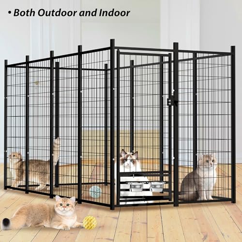 Large Outside Dog Kennel, Outdoor Dog Run Enclosure 8'x4'x6'（Including the roof） Dog Pen House with Roof Cover Heavy Duty Welded Wire Steel Dog Playpen Animal Fence with Feeding Door