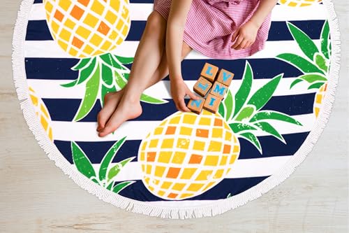 Benefeet Sox Beach Towel Large Round Mandala Pool Towels Tassels Microfiber Quick Dry Beach Blanket Throw Bohemian Roundie Swim Pool Circle Towel, 59 Inches - color: White Navy Striped Yellow Pineapple