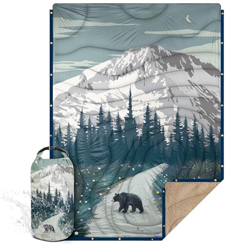 Outdoor Camping Blanket with Sherpa Lining, Extra Warm Thick Camp Blankets and Puffy Ultralight Soft Poncho DWR Camping Quilt for Cold Weather, Adventure, Sleeping, Backpacking 78"x 56" - color: Ridge Exploration, size: 78 x 56 inches