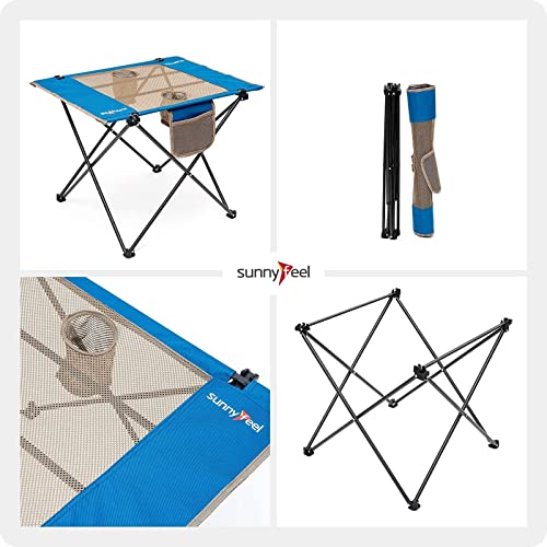 SUNNYFEEL Outdoor Folding Table | Lightweight Mesh Compact Camping Table, Roll Up Top 2 People Portable Camp Tables with Carry Bag for Picnic/Cooking/Beach/Travel/BBQ - color: Mesh-blue-1set