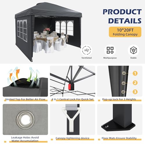 EROMMY 10x10 Heavy Duty Pop Up Canopy Tent with 4 Removable Sidewalls, Waterproof UV50+ Gazebo with Mosquito Netting, Easy Setup Instant Shelter for Backyard, Party, Wedding & Commercial Use, Black - color: Black, size: 10’x 10’