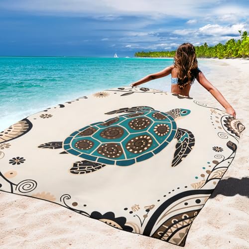 WIWIGO Beach Blanket Waterproof Sandproof Beach Mat 79" X 83"/10'x9'for 2-8 Adults Quick Drying Outdoor Picnic Mat Beach Accessories for Travel, Camping, Hiking - color: Beige Sea Turtle - Mandala, size: 79" X 83"（1-4person）