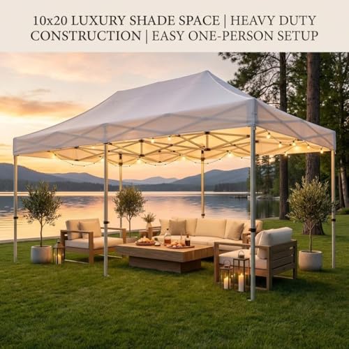 CABIHOME 10X20FT Instant Pop Up Canopy Tent, Beach Tent with One Push Setup, Heavy Duty Canopy Set, Waterproof & UV Protected, Outdoor Canopy for Commercial Events, Camping, Backyard Parties, White