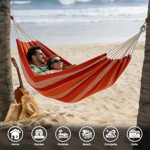 Lazy Daze Hammocks Double Brazilian Cotton Hammock, Extra Large Portable Outdoor Camping Hammock with Tree Straps & Travel Bag for Backyard Patio Poolside Indoor, 550lbs Capacity, Red Stripe - color: Red Stripe