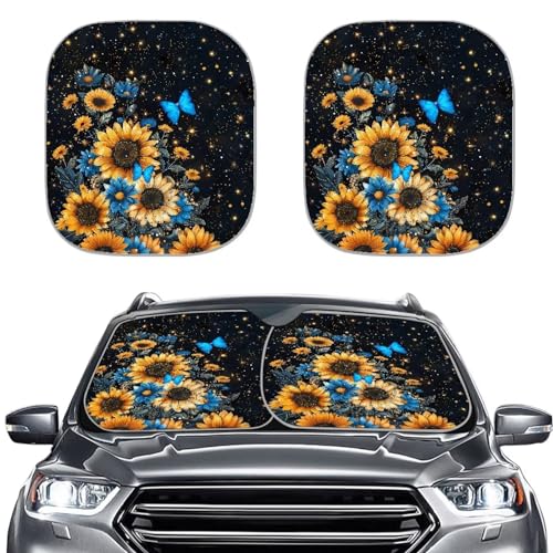 Butterfly Sunflower Car Windshield Cover Summer Outdoor Sun UV Rays Blocker Sun Visor Auto Protective Accessiors Pack of 2 UV Sun Heat Reflecting Foldable Peotector Shade - color: Butterfly Sunflower