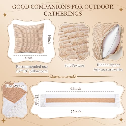 Extra Large Outdoor Boho Picnic Blanket with Table Runner and 6 Throw Pillows Covers Wedding Party Decoration Photoshoot Home Garden Party Decor Patio Lawn Outdoor Mat Beach Party theme Supplies White - color: White