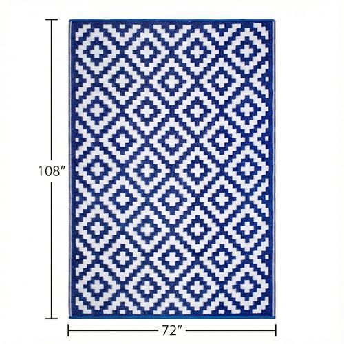 FH Home Outdoor Rug - Waterproof, Fade Resistant, Reversible - Premium Recycled Plastic - Geometric - Large Patio, Deck, Sunroom, Camping, RV - Aztec - Blue & White Crease Free - 6 x 9 ft - color: Aztec - Blue & White, size: 6' x 9' (Rectangular)