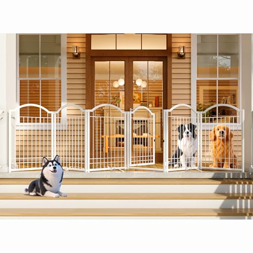 4NM Metal No Drilling Expandable Dog Gate, Extra Wide 144", Extra Tall 32" Free Standing Pet Gate with Door, Gates for Dogs Outdoor or Indoor, with 4PCS Support - White - color: White, size: 【32"h】6-panel With Door