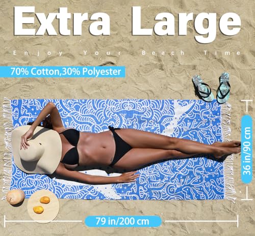 Widdonen 2 Pack Turkish Beach Towel Quick Dry Absorbent Cotton Lightweight Thin Bathroom Bath Pool Swim Towels Extra Large Oversized Sand Free Beach Accessories Essentials Stuff Cloud Adults Gift - color: 2 Pack Blue Flower Blue Whale, size: X-large(79 X