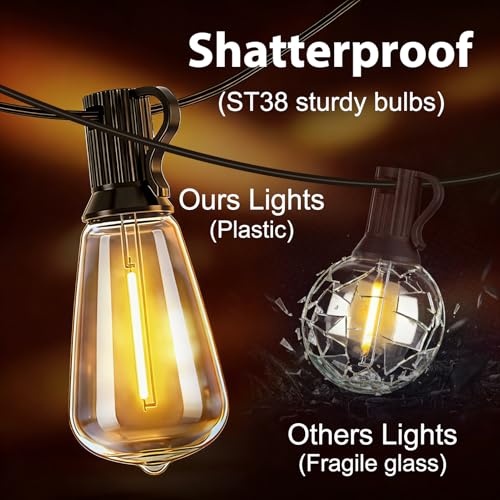 LumBelle Smart Outdoor String Lights, 100FT ST38 LED Patio Lights with Timer Remote APP Control, 42 Shatterproof LED Bulbs (2 Spare), Dimmable Waterproof Hanging Light for Backyard Porch Party Decor - size: 100FT