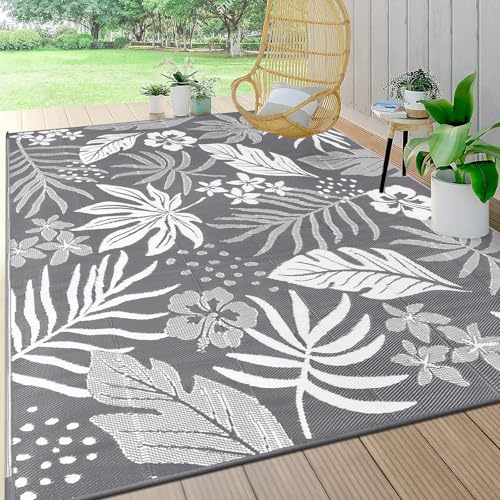 Pauwer Waterproof Outdoor Rug 8x10, Reversible Plastic Straw Patio Camping Rug, Indoor Outdoor RV Mat Carpet for Deck, Camper, Porch, Balcony, Backyard, Picnic, Floral Grey - color: Floral Grey, size: 8' x 10' (Rectangular)