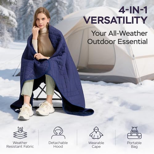 Waterproof Camping Blanket - Cozy Coral Fleece Lining, Triple Layers Warm Comfy Foldable for Camping Stadium, Beach, Picnic, Grass, Concerts, Car, Dog, 51''X 70'' Navy Blue - color: Navy Blue