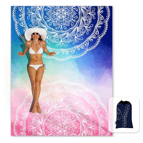 Sunlit Silky Soft Sand Proof Beach Blanket 106"x81" / 85"x72" Sand Proof Mat with Corner Pockets and Mesh Bag for Beach Party, Travel, Camping and Outdoor Music Festival, Mandala - color: Blue Pink, size: 106"x81"