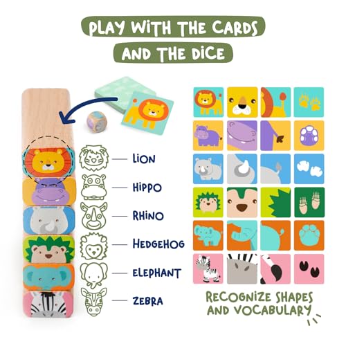 Nene Toys Wooden Block Stacking Game – 4-in-1 Tumble Tower Family Board Game with Building Blocks, Cards and Dice – African Safari Educational Wooden Toy for Kids 3-9 Years Old About Animals - style: Safari
