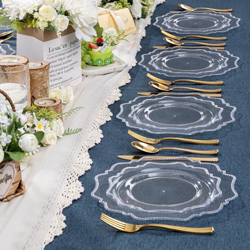 COLOSUS 100pcs Clear Plastic Plates - Heavy Duty Plastic Plates Disposable for Party/wedding Include 50pcs Dinner Plates and 50pcs Dessert Plates. - color: Clear