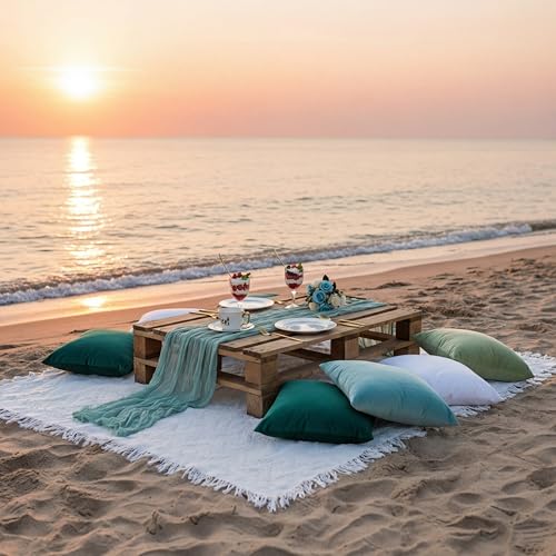 Moukeren 10 Pcs 71''x102'' Extra Large White Outdoor Boho Picnic Blanket with Green Table Runner 8 Throw Pillow Cover Oversized Washable Portable Beach Blanket for Valentine Picnic Camp Lawn Wedding - color: Green