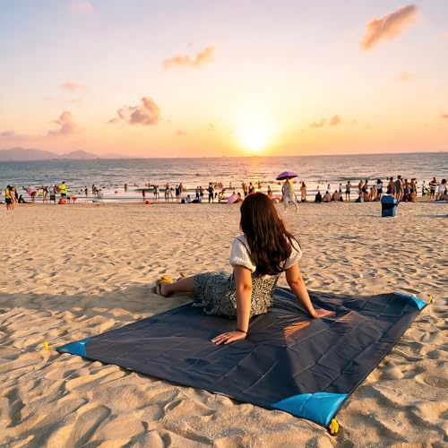 Pocket Blanket 71"x55", Lightweight Compact Sandproof Waterproof Outdoor Blanket for Beach, Hiking, Camping, Travel, Festivals, Picnic with Pockets, Loops, Stakes, Carabiner - color: Sky Blue