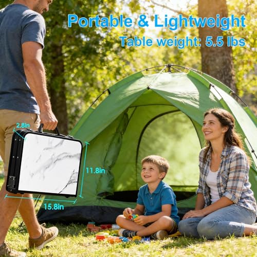 YUFIFAIRY Small Folding Camping Table, 2ft Portable Table with 3 Adjustable Heights, Aluminum Lightweight Foldable Picnic Table with Mesh Layer and Extension Legs for RV, Camp and Indoor (Black Frame) - color: White Marble Top & Black Frame