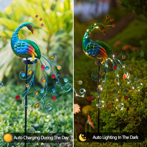 DREAMSOUL 2 Pack Peacock Solar Lights Outdoor, Tall Waterproof LED Outdoor Solar Lights for Yard Pathway Peacock Decor - color: orange-2pack