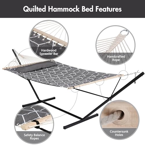 ANOW Double Hammock with Stand Included, 2 Person Hammock with Stand for Outside, 450 LBS Weight Capacity, Gray Cube - color: Gray Cube, size: 2 Person With Stand