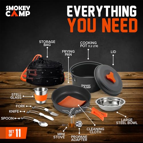 Smokey Camp Camping Cookware Mess Kit Set with Stove - Backpacking Camping Pots and Pans Set, All in One Non-Stick Camping Cooking Set, Portable Stove, Hiking, Picnic, Outdoor & Camping Cookware Set - style: 1.2 Liter Pot