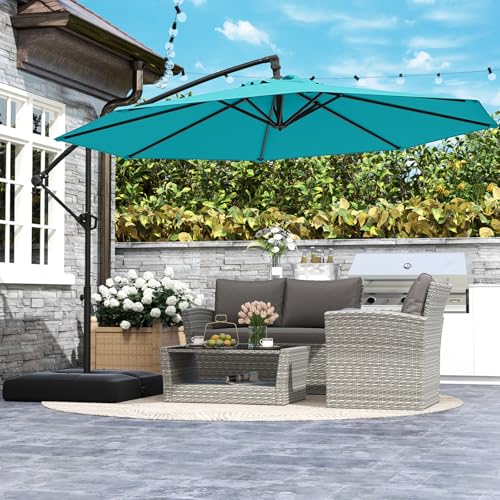 Tangkula 10ft Patio Umbrella with Base Included, Offset Cantilever Outdoor Umbrella with Infinite Tilt, 360 Degree Rotation, Crank Handle, Sun-Protective Canopy for Pool Deck Garden Backyard (Turquoise) - color: Turquoise, size: 10 FT