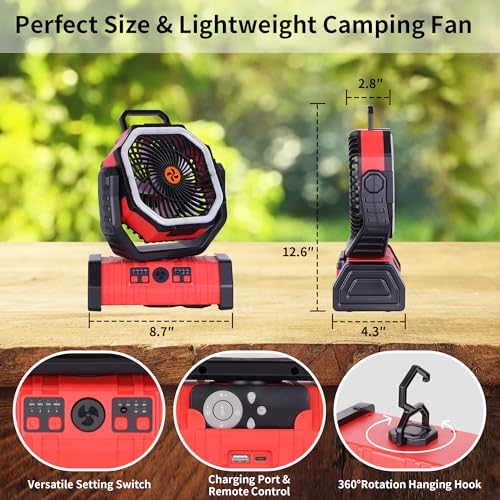 Battery Powered Fan Portable,20000mAh Rechargeable Camping Fan with LED Lantern,Auto-Oscillating USB Personal Battery Operated Fans Portable for Tens & Hanging Hook (Red) - color: Red