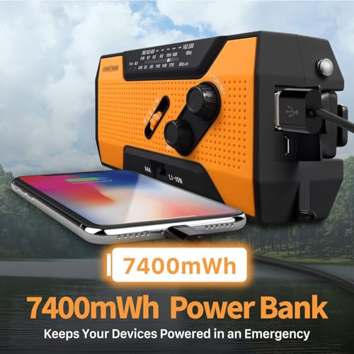 FosPower NOAA Emergency Weather Radio A1 7400mWh Portable Power Bank, AM/FM, USB/Solar/Hand Crank Charging, Battery Operated, SOS Alarm & Flashlight for Indoor/Outdoor Emergency - Orange - color: 01 - Model A1 - Orange