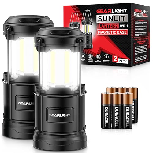 GearLight Camping Lantern - 2 Portable LED Battery Powered Lantern with Magnetic Base and Foldable Hook for Emergency Use or Campsites, Essential Hurricane Survival Kit with Batteries - Black - color: Black (Battery Powered)