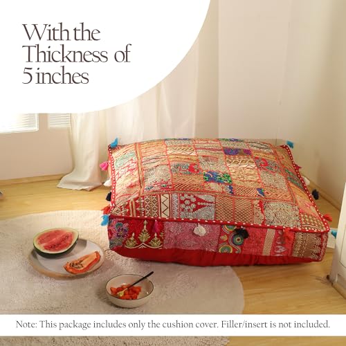 THE ART BOX Cotton Patchwork Vintage Boho Embroidered Floor Pillows & Cushion Cover Dog Pouf Seating Pouf Meditation Pillow Pet Bedding Cat Bed Boho Home Décor (35x35 Inches, Cover Only) - color: Red