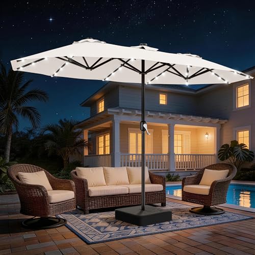 AreShark 13 FT Patio Umbrella with Solar Lights, Double-Sided Outdoor Table Umbrellas with Crank, Large Rectangular Market Umbrella for Porch, Lawn, Pool, Backyard, Cream-White - color: Cream-White, size: 6.5x13 Ft