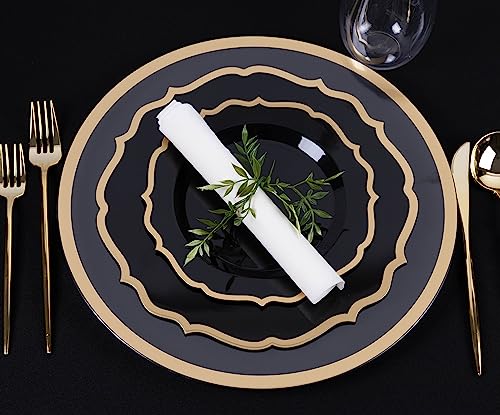 PLASTICPRO 32 Pack Elegant Disposable Plastic Plates Combo Set Includes 16 Dinner Plates and 16 Salad Plates Heavy Duty Fancy Party Plates Black & Gold Contemporary Design - color: Black & Gold Contemporary