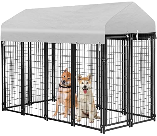 PayLessHere Welded Wire Dog Kennel Heavy Duty Playpen Included a Roof & Water-Resistant Cover Outdoor Heavy Duty Galvanized Metal Animal Pet Enclosure for Outside (8 x 4 x 6 Ft) - size: 94.0"L x 47.0"W x 71.0"H
