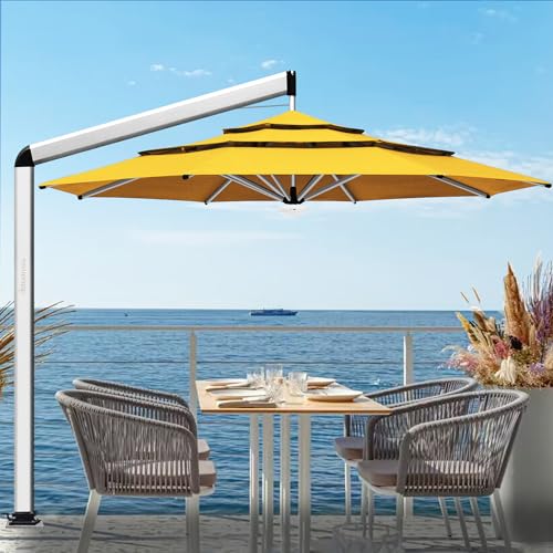 EliteShade USA Atlas 3-Tier 11FT Full Aluminum Cantilever Patio Umbrella for Outdoor Restaurant Garden Courtyard Deck Pool and Marketing with Light (No battery), Sunflower Yellow - color: Sunflower Yellow, style: 11FT Atlas