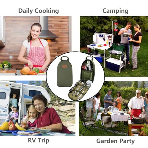 Camp Kitchen Utensil Organizer Travel Set Portable BBQ Camping Cookware Stainless Steel Utensils Travel Kit Outdoor Equipment Cutting Board Tongs Scissors Knife Ladle Spatula - color: New Version OD Green