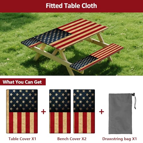 Picnic Table Cover with Bench Covers 6FT 3PCS, Camping Essentials Waterproof Windproof Tablecloth with Drawstring Bag, Fitted Rectangle Tables and Seats, 72", US Flag - color: Us Flag, size: 72"