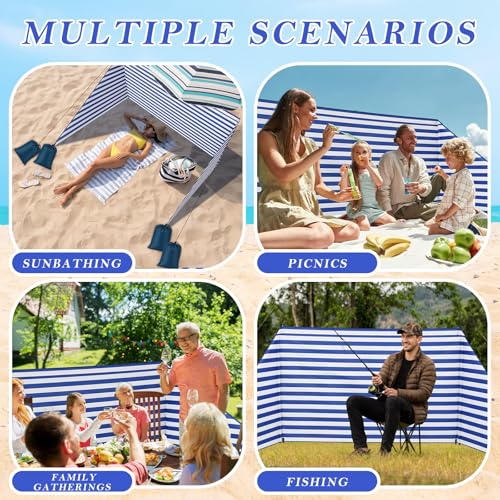 Tigeen 15 x 4.6 ft Beach Wind Screen Set Wind Blocker Sunbathing Privacy Screen Stripe with with 2 Metal Pole Ground Stake Carry Bag Portable Beach Windscreen for Summer Sand Outdoor Protection Sport